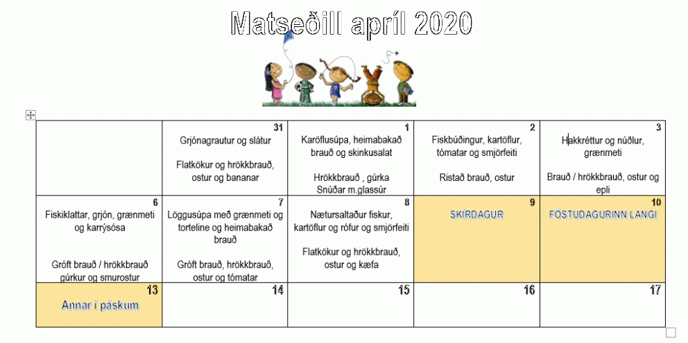 Matseðill fyrri hluta apríl - önnur gögn apríl
