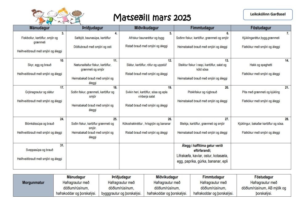 Matseðill fyrir mars og námsáætlun fyrir mars og apríl 2025