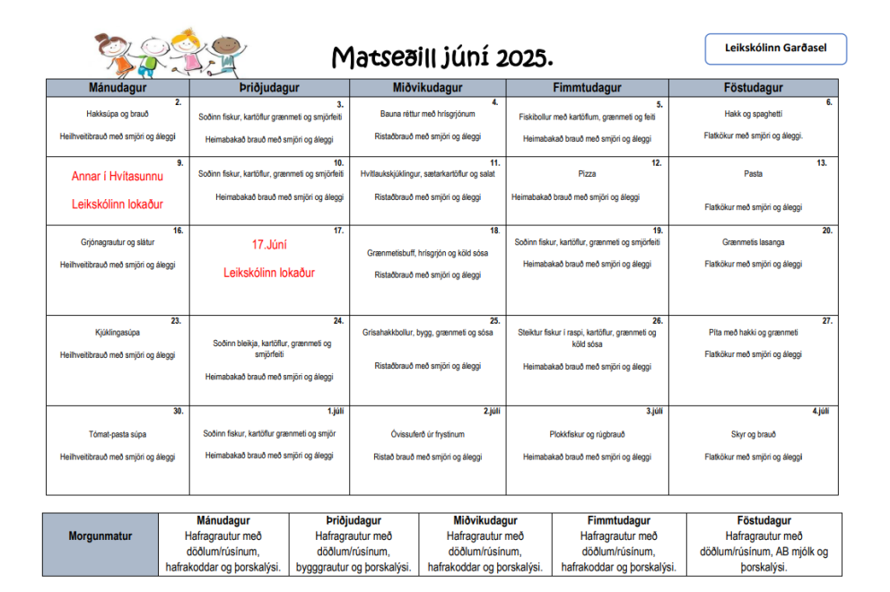 Matseðill fyrir júní og júlí 2025