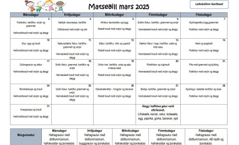 Matseðill fyrir mars og námsáætlun fyrir mars og apríl 2025